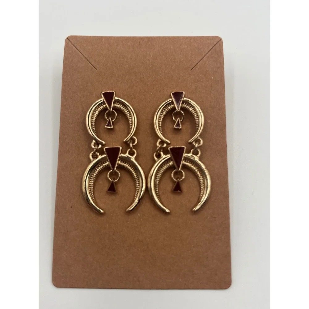 Gold Tone Double Crescent Moon Drop Earrings Burgundy Enamel Boho Tribal Post